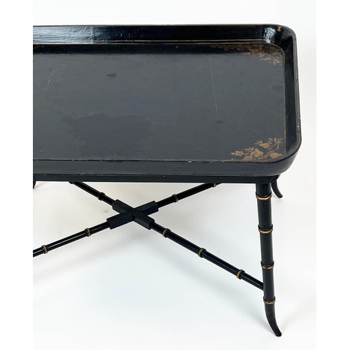 174 - TRAY TABLE, 50cm H x 82cm W x 57cm D, 19th century black Japanned papier mâché on later ebonised san... 