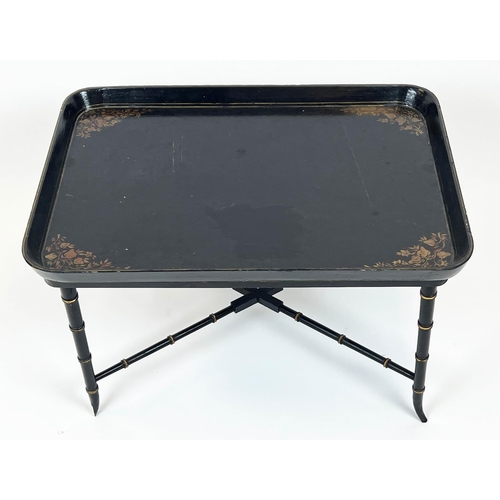 174 - TRAY TABLE, 50cm H x 82cm W x 57cm D, 19th century black Japanned papier mâché on later ebonised san... 