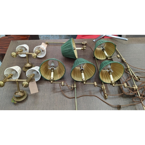 251 - BRASS SINGLE LIGHT WALL SCONCES, a set of five, 51cm H, adjustable with green shades and a pair of b... 