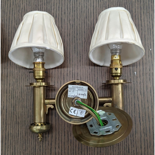 251 - BRASS SINGLE LIGHT WALL SCONCES, a set of five, 51cm H, adjustable with green shades and a pair of b... 