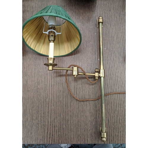 251 - BRASS SINGLE LIGHT WALL SCONCES, a set of five, 51cm H, adjustable with green shades and a pair of b... 