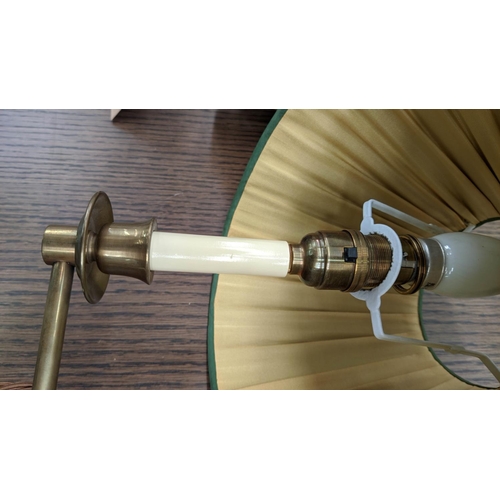 251 - BRASS SINGLE LIGHT WALL SCONCES, a set of five, 51cm H, adjustable with green shades and a pair of b... 