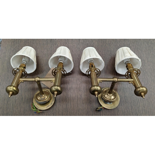 251 - BRASS SINGLE LIGHT WALL SCONCES, a set of five, 51cm H, adjustable with green shades and a pair of b... 