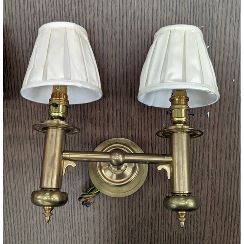 251 - BRASS SINGLE LIGHT WALL SCONCES, a set of five, 51cm H, adjustable with green shades and a pair of b... 