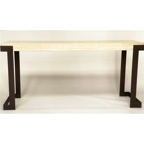 254 - TRAVERTINE CONSOLE TABLE, 85cm H x 180cm W x 50cm D, on shaped metal end supports.