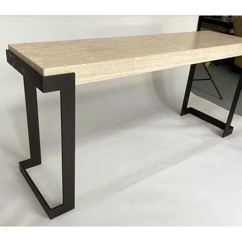 254 - TRAVERTINE CONSOLE TABLE, 85cm H x 180cm W x 50cm D, on shaped metal end supports.