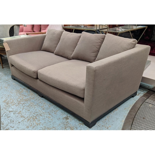 256 - SOFA AND CHAIR COMPANY SOFA, 63cm H x 105cm W x 210cm W, brown fabric upholstered.