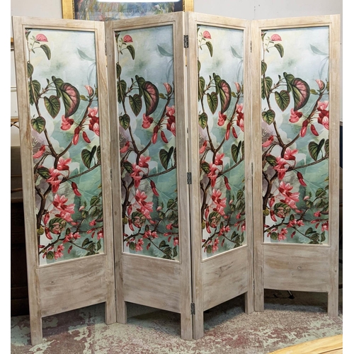 261 - FLOOR STANDING FOLDING SCREEN, 183cm H, four fold with leaf and floral decoration.