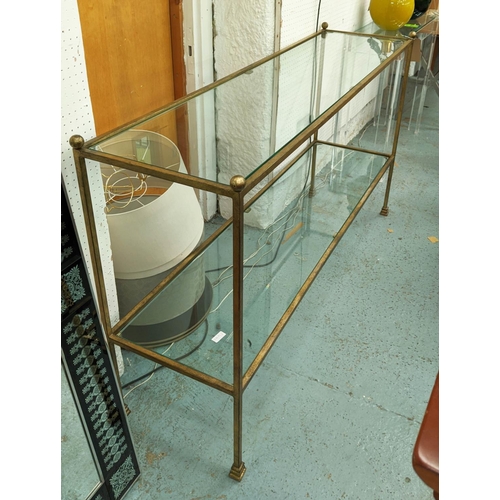 270 - CONSOLE TABLE, 40cm D x 91cm H x 152cm W, antiqued gilt metal frame and glass undertier glass top.