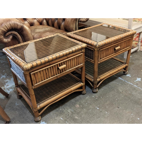 301 - SIDE TABLES, a pair, 1970s Italian style bamboo and wicker, each with drawer and glass top, 63cm x 4... 