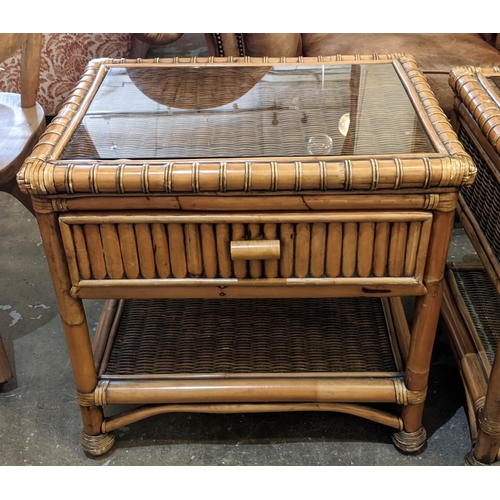 301 - SIDE TABLES, a pair, 1970s Italian style bamboo and wicker, each with drawer and glass top, 63cm x 4... 