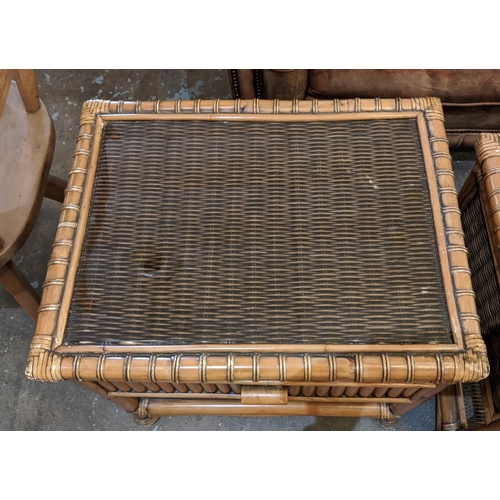 301 - SIDE TABLES, a pair, 1970s Italian style bamboo and wicker, each with drawer and glass top, 63cm x 4... 