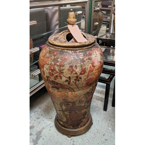 307 - VASE, 80cm H, Decoupage finish, ceramic with wooden top and base.