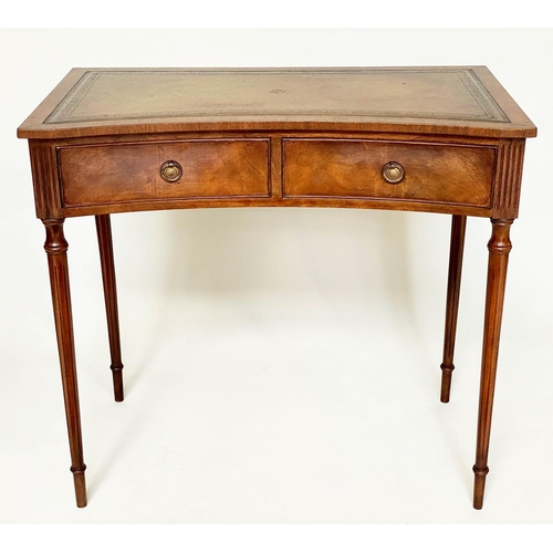 69 - LEATHER WRITING TABLE, George III design flame mahogany of concave outline with tooled leather writi... 