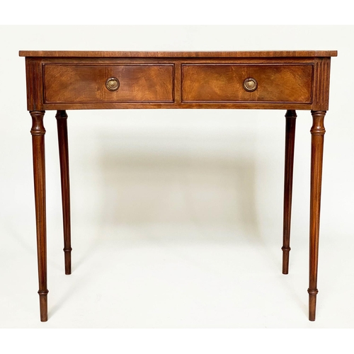 69 - LEATHER WRITING TABLE, George III design flame mahogany of concave outline with tooled leather writi... 