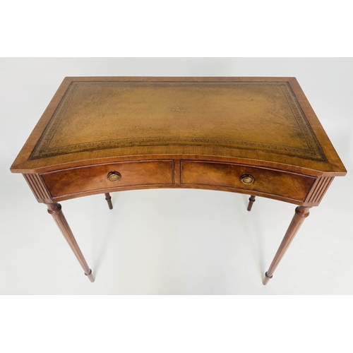 69 - LEATHER WRITING TABLE, George III design flame mahogany of concave outline with tooled leather writi... 