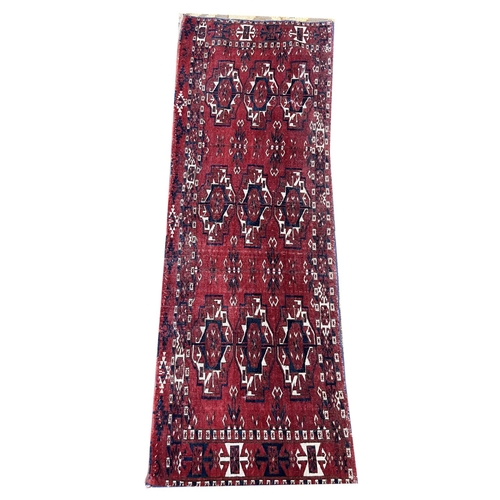 7 - ANTIQUE TURKMAN TEXTILES, three, largest 110cm x 66cm, together with a bokhara rug, 163cm x 127cm. (... 