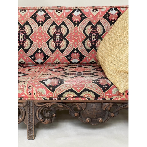 72 - 'KELIM' SOFA, late 19th/early 20th century carved oak with kelim style upholstery and pierced frieze... 