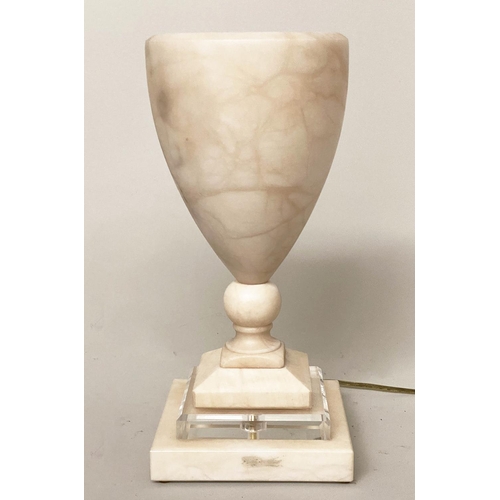 76 - ALABASTER LAMP, vase form with bevelled cut glass stepped base, 39cm H.