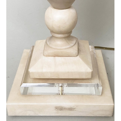 76 - ALABASTER LAMP, vase form with bevelled cut glass stepped base, 39cm H.