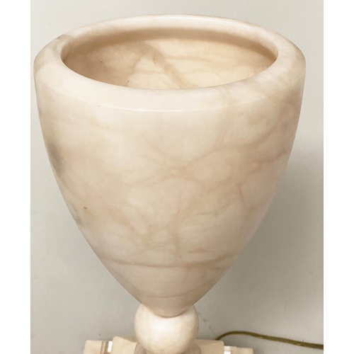 76 - ALABASTER LAMP, vase form with bevelled cut glass stepped base, 39cm H.