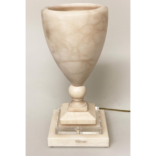 76 - ALABASTER LAMP, vase form with bevelled cut glass stepped base, 39cm H.