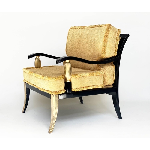 77 - ARMCHAIR, 90cm H x 76cm W, Hollywood Regency style black lacquered and reeded giltwood sabre support... 