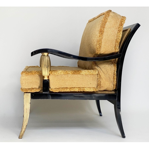 77 - ARMCHAIR, 90cm H x 76cm W, Hollywood Regency style black lacquered and reeded giltwood sabre support... 