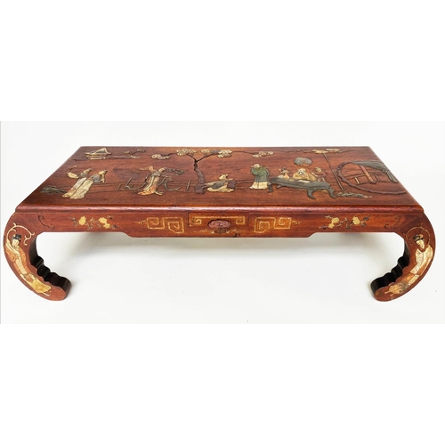 78 - LOW TABLE, mid 20th century Chinese elm and painted with raised stone figure decoration and scroll e... 