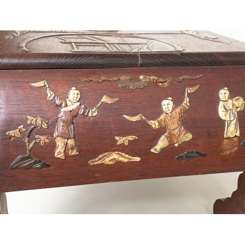 78 - LOW TABLE, mid 20th century Chinese elm and painted with raised stone figure decoration and scroll e... 