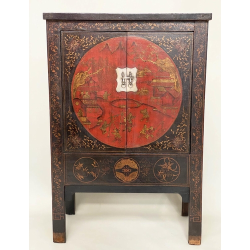 79 - MARRIAGE CABINET, early 20th century Chinese lacquered and gilt Chinoiserie decorated with two doors... 