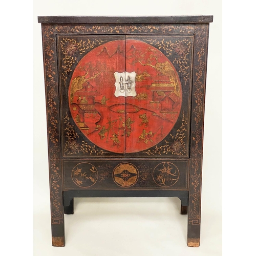 79 - MARRIAGE CABINET, early 20th century Chinese lacquered and gilt Chinoiserie decorated with two doors... 