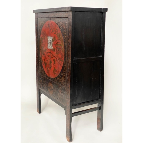 79 - MARRIAGE CABINET, early 20th century Chinese lacquered and gilt Chinoiserie decorated with two doors... 