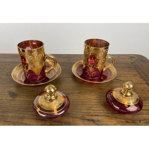 8 - BOHEMIAN CZECH CUT GLASS VASE, a lidded vase, a pair of lidded chocolate cups with gilt decoration, ... 