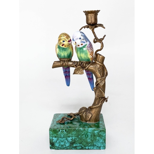 80 - PARROT CANDLESTICK, Continental style painted porcelain, parrots on a branch, with gilt metal mounts... 