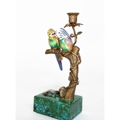 80 - PARROT CANDLESTICK, Continental style painted porcelain, parrots on a branch, with gilt metal mounts... 