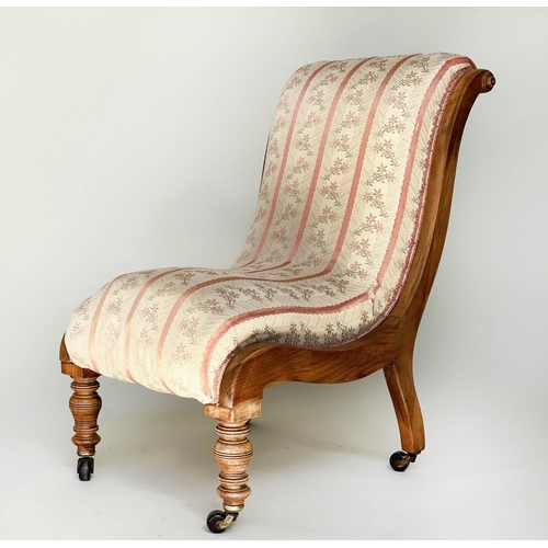 82 - SLIPPER CHAIR, Victorian walnut with woven stripe upholstery and turned front supports, 48cm W.