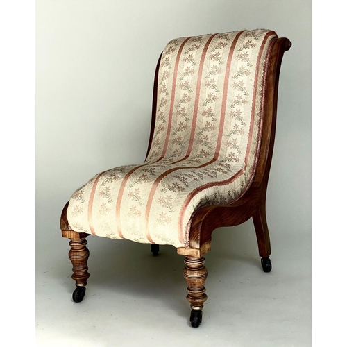 82 - SLIPPER CHAIR, Victorian walnut with woven stripe upholstery and turned front supports, 48cm W.