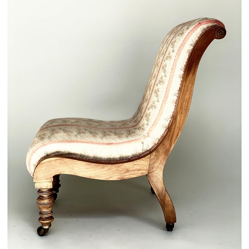 82 - SLIPPER CHAIR, Victorian walnut with woven stripe upholstery and turned front supports, 48cm W.