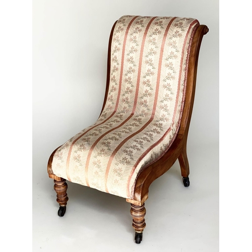 82 - SLIPPER CHAIR, Victorian walnut with woven stripe upholstery and turned front supports, 48cm W.