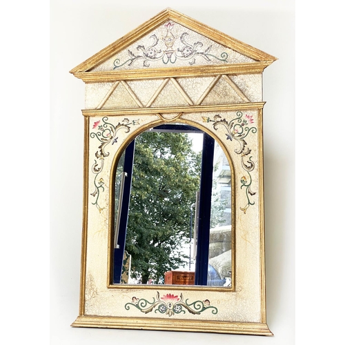 84 - WALL MIRROR, architectural cornice cream and scroll painted with arched mirror plate, 86cm W x 127cm... 