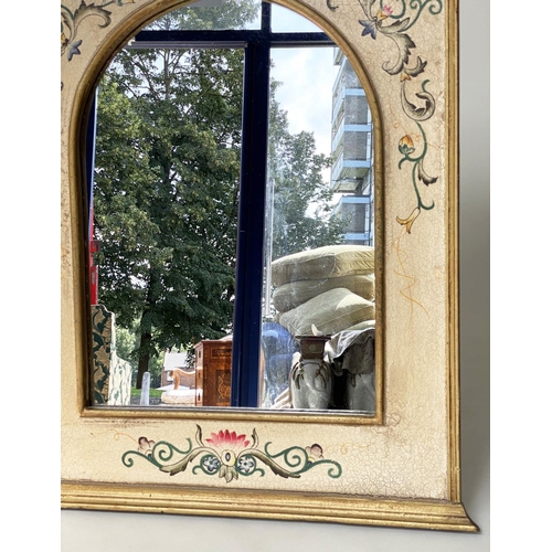 84 - WALL MIRROR, architectural cornice cream and scroll painted with arched mirror plate, 86cm W x 127cm... 