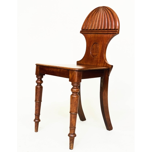 85 - HALL CHAIRS, a pair, Regency mahogany with reeded arched back, panel seat and turned front supports,... 