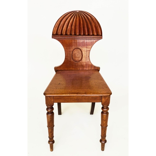 85 - HALL CHAIRS, a pair, Regency mahogany with reeded arched back, panel seat and turned front supports,... 