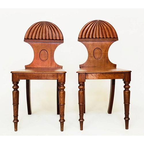 85 - HALL CHAIRS, a pair, Regency mahogany with reeded arched back, panel seat and turned front supports,... 