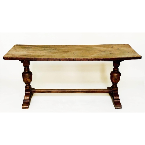 87 - REFECTORY TABLE, antique English elm, the single planked top raised upon twin turned pillar supports... 