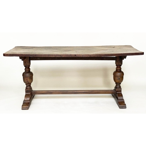 87 - REFECTORY TABLE, antique English elm, the single planked top raised upon twin turned pillar supports... 