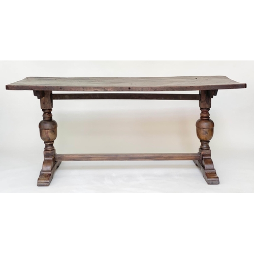 87 - REFECTORY TABLE, antique English elm, the single planked top raised upon twin turned pillar supports... 