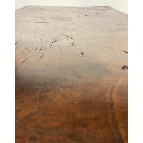 87 - REFECTORY TABLE, antique English elm, the single planked top raised upon twin turned pillar supports... 