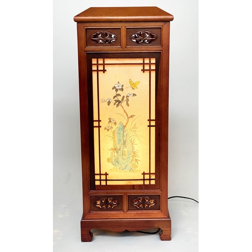 88 - CHINESE LANTERN, mid 20th century Chinese teak with pierced fretwork frame, verre eglomise panels an... 